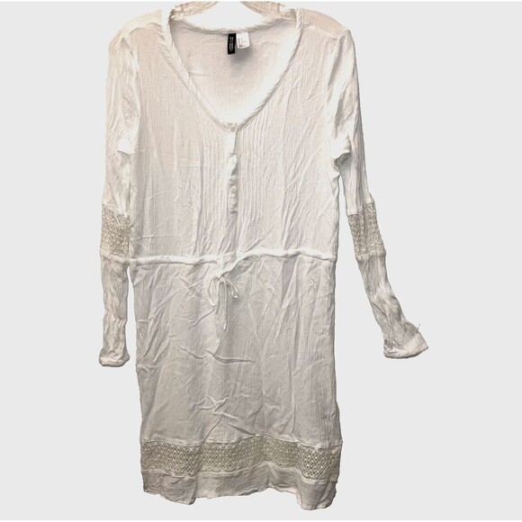 Divided Other - H&M DIVIDED sz S White Flowy Crinkle Tunic Top Swim Cover Dress Drawstring Waist